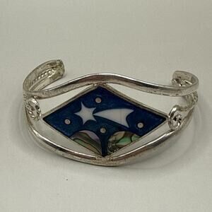 VTG Alpaca Mexico Silver 925 Abalone Shell Flower Blue Inlay Cuff Bracelet